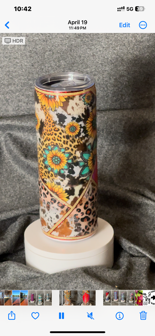 20 oz double insulated skinny tumbler with sunflower design over glitter